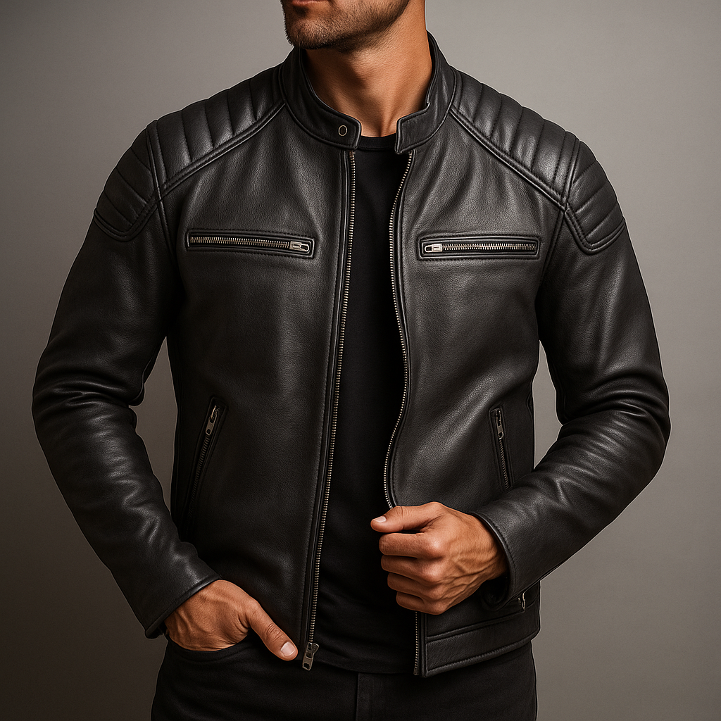 Bikerjacke Herren braun tailliert mit Stehkragen und Reißverschluss