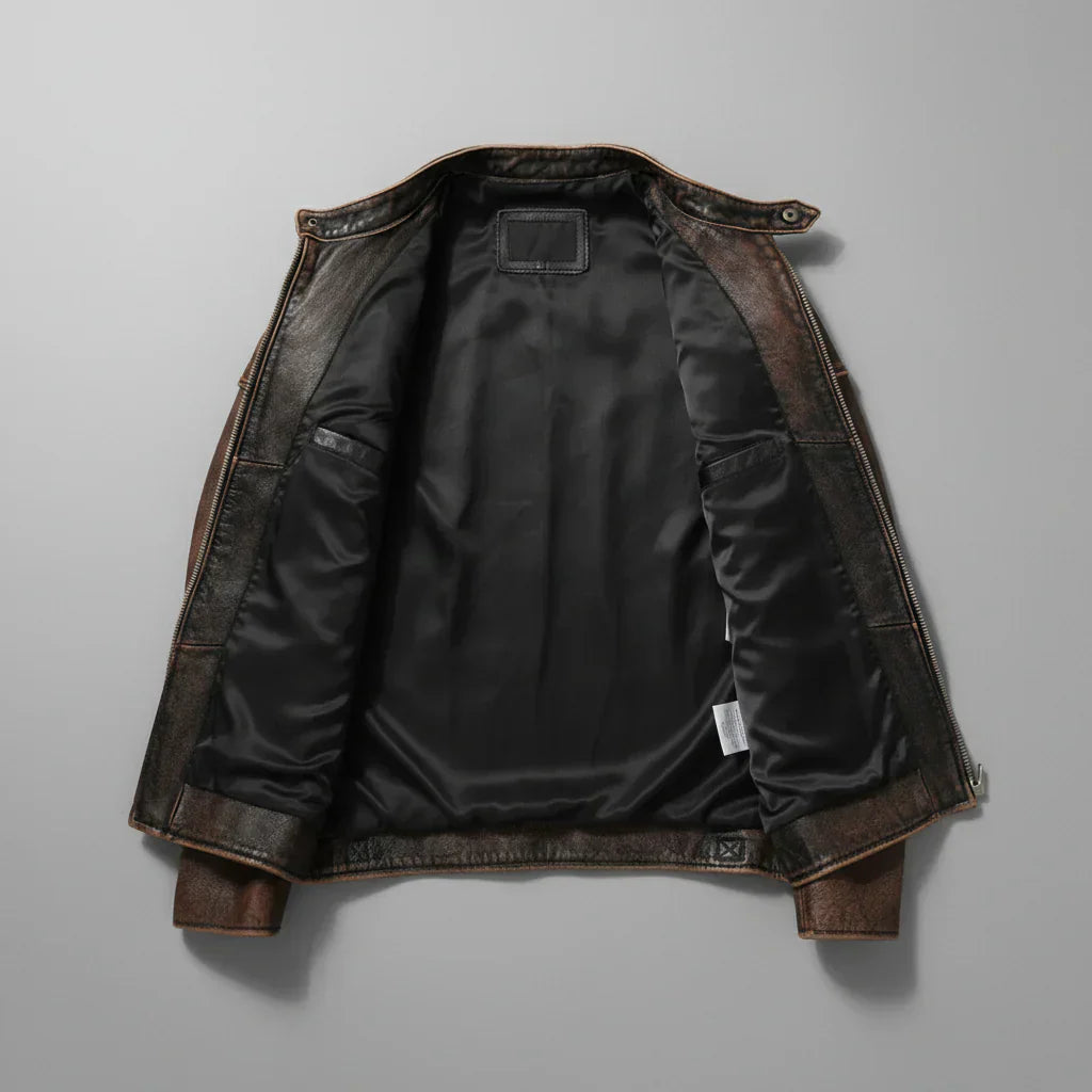 Bikerjacke Herren braun mit Stehkragen und Reißverschlusstaschen