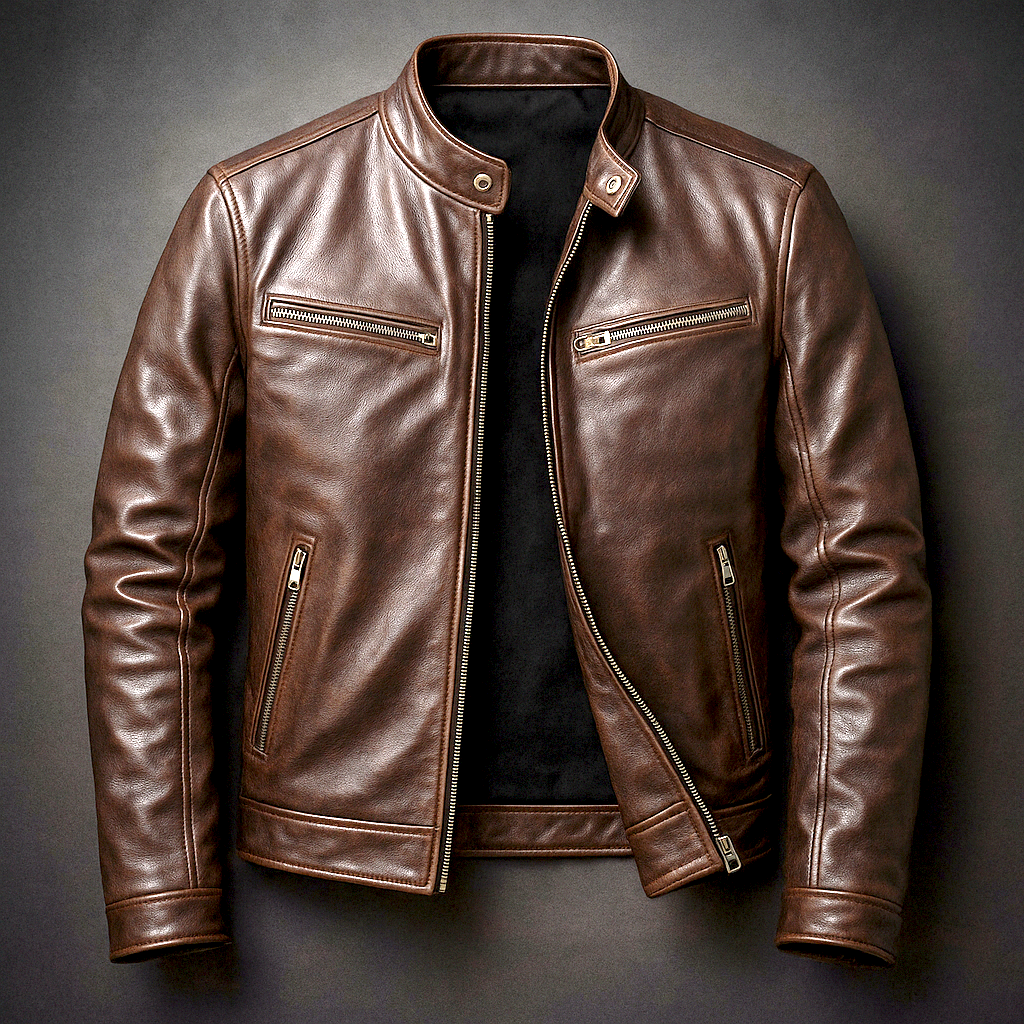 Bikerjacke Herren braun mit Stehkragen und Reißverschluss