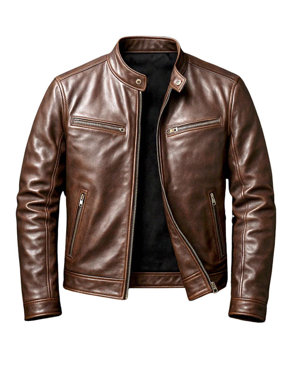 Bikerjacke Herren braun mit Stehkragen und Reißverschluss
