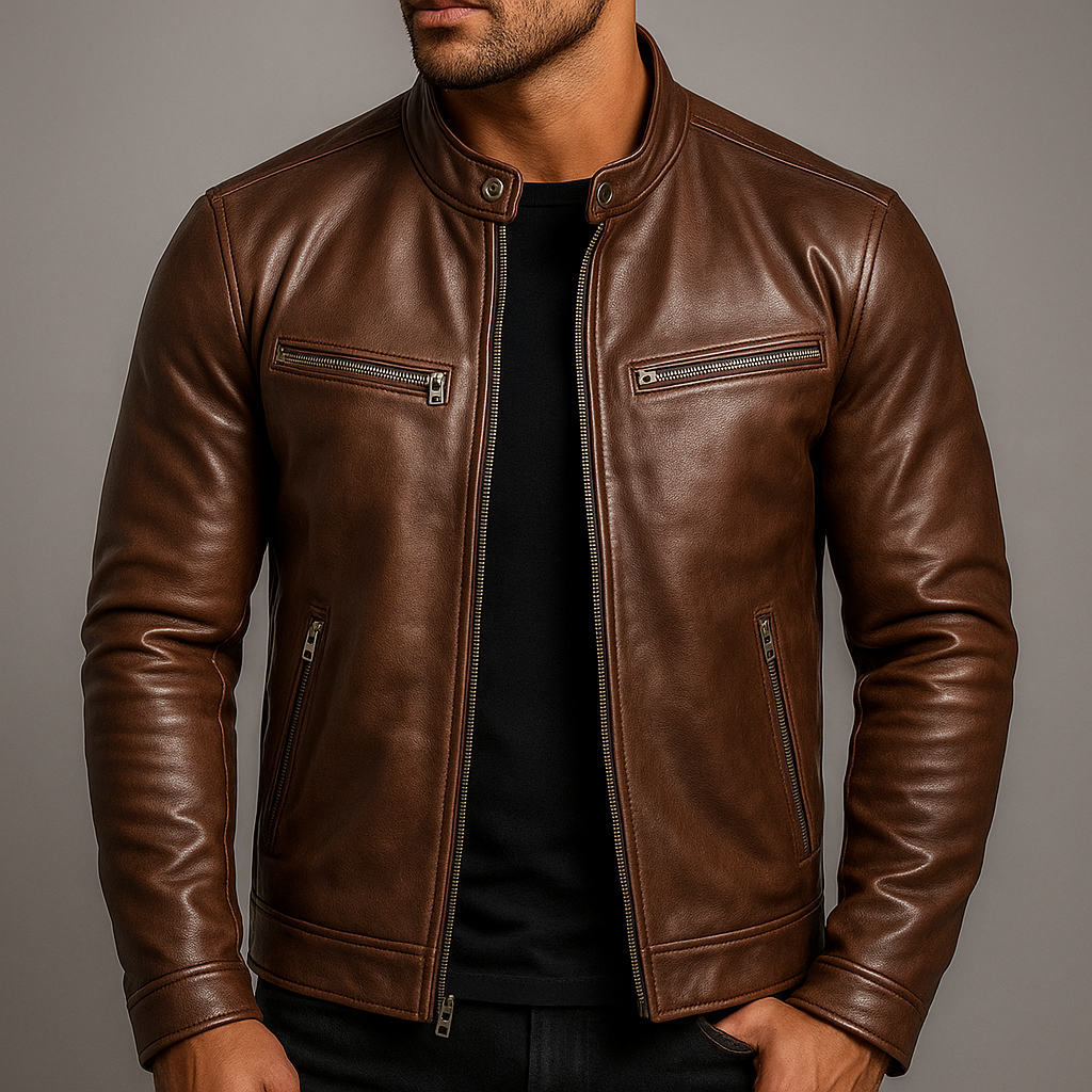 Bikerjacke Herren braun mit Stehkragen und Reißverschluss
