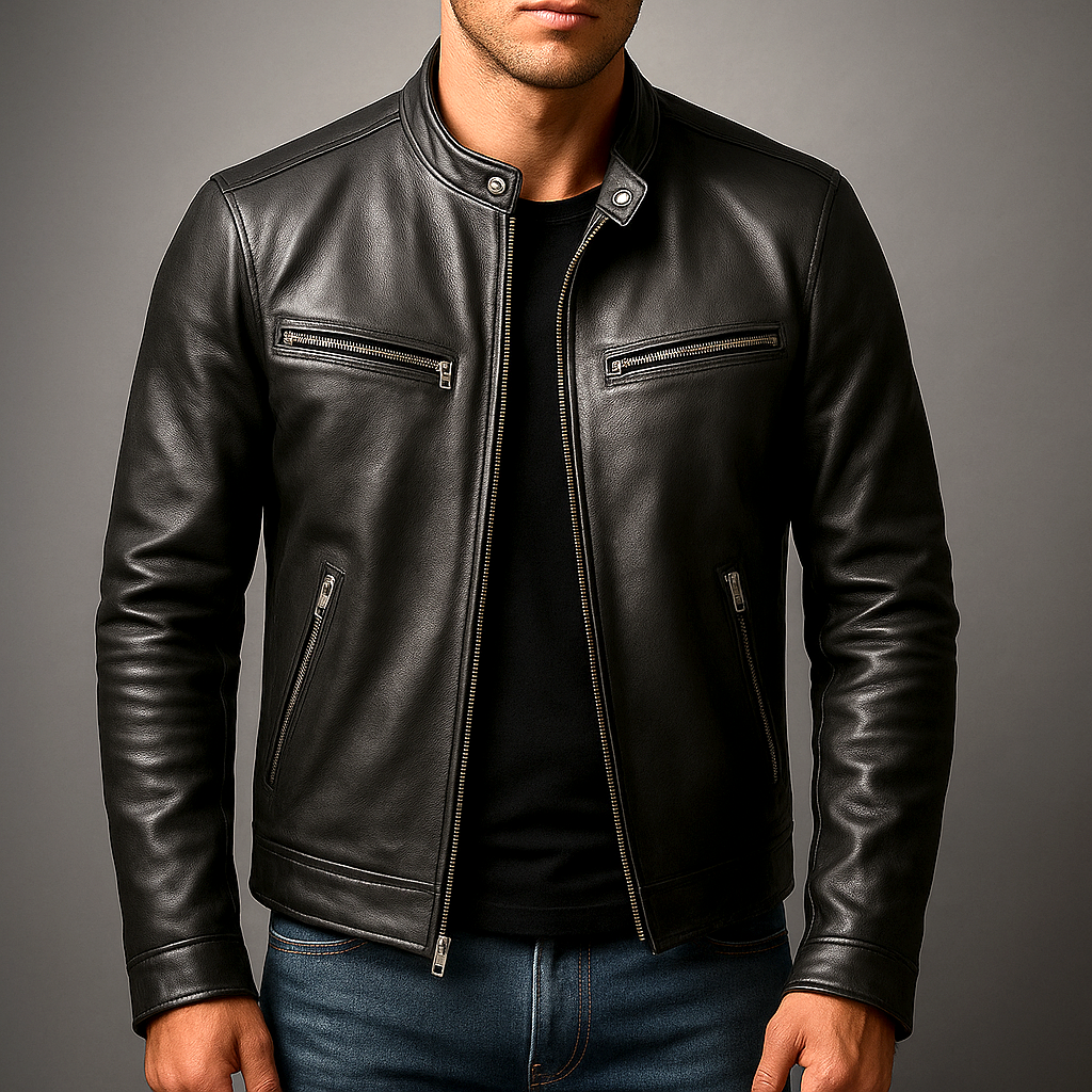 Bikerjacke Herren braun mit Stehkragen und Reißverschluss