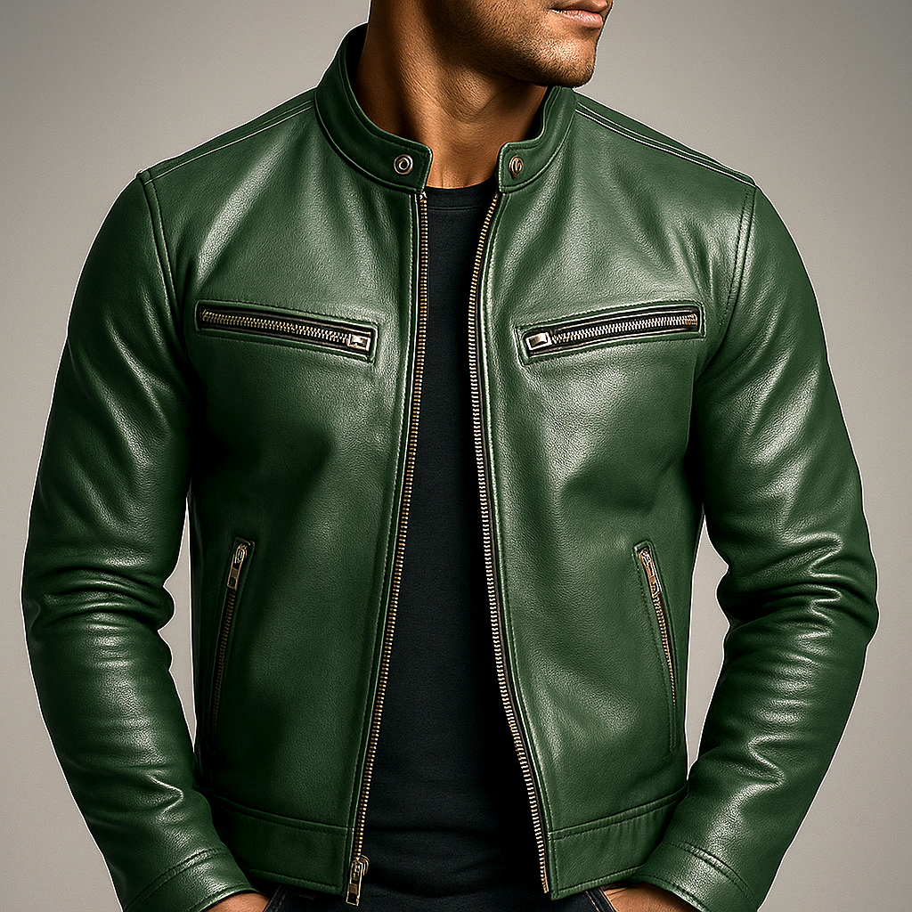 Bikerjacke Herren braun mit Stehkragen und Reißverschluss