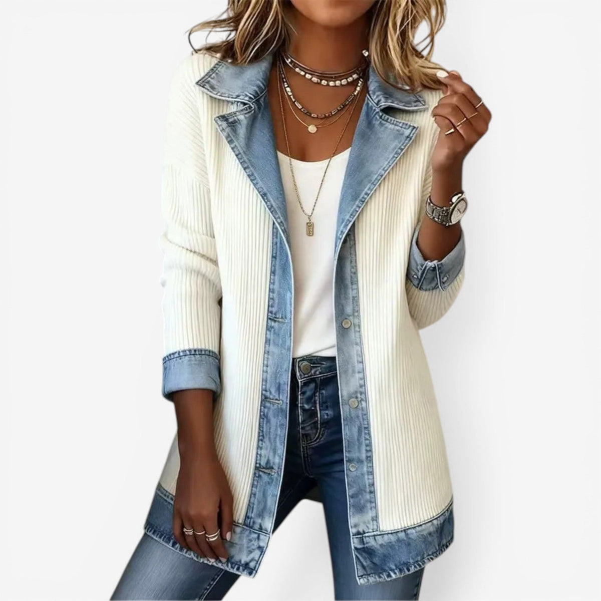 Jacke Damen creme mit Kontrastkragen und Knopfleiste