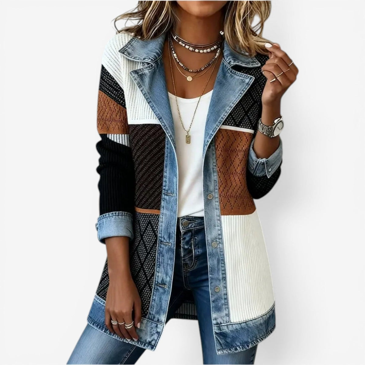 Jacke Damen creme mit Kontrastkragen und Knopfleiste