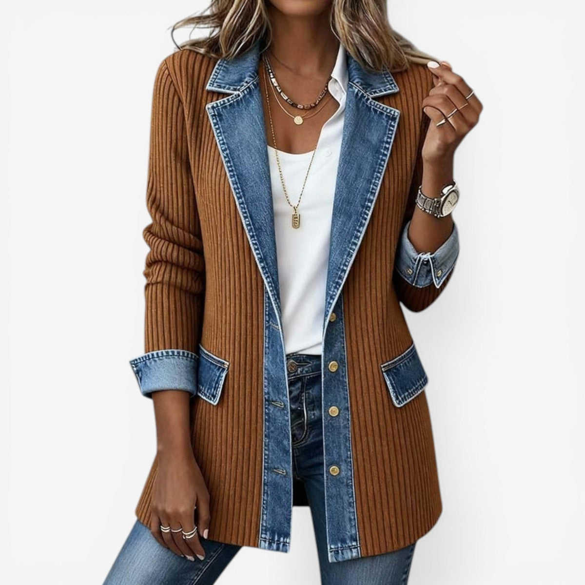 Jacke Damen creme mit Kontrastkragen und Knopfleiste