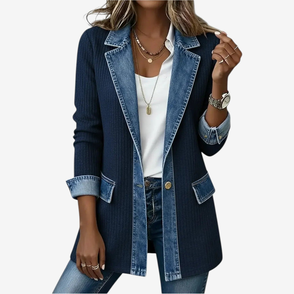 Jacke Damen creme mit Kontrastkragen und Knopfleiste