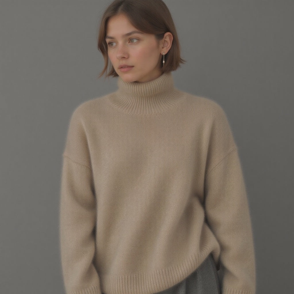 Rollkragenpullover Damen beige oversized mit weiten Ärmeln