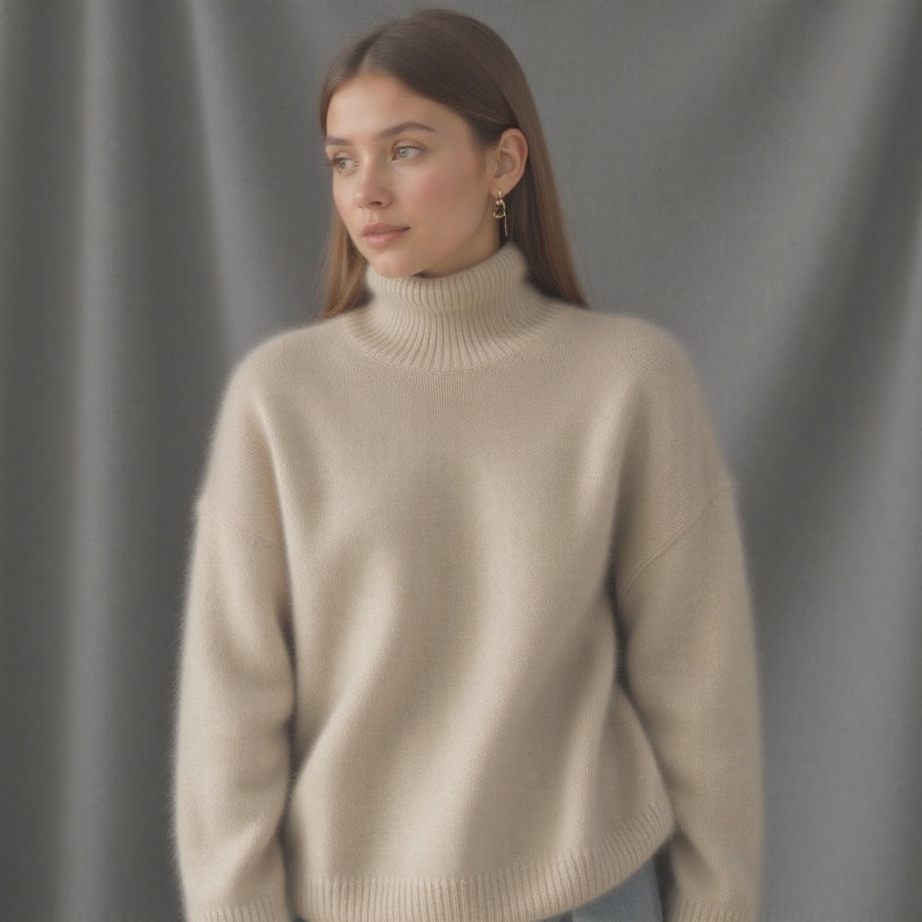 Rollkragenpullover Damen beige oversized mit weiten Ärmeln