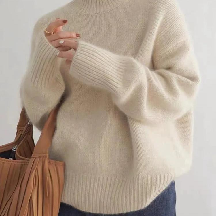 Rollkragenpullover Damen beige oversized mit weiten Ärmeln