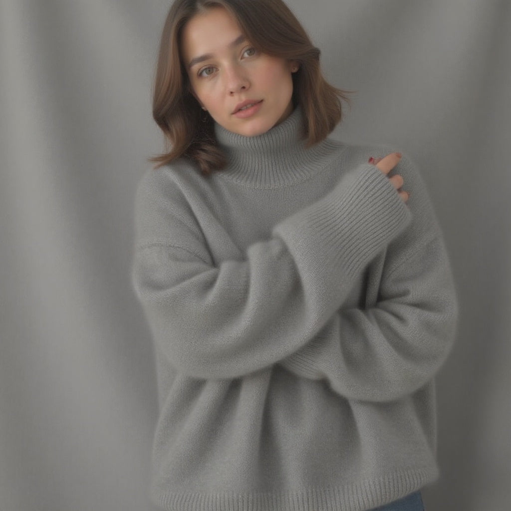 Rollkragenpullover Damen beige oversized mit weiten Ärmeln