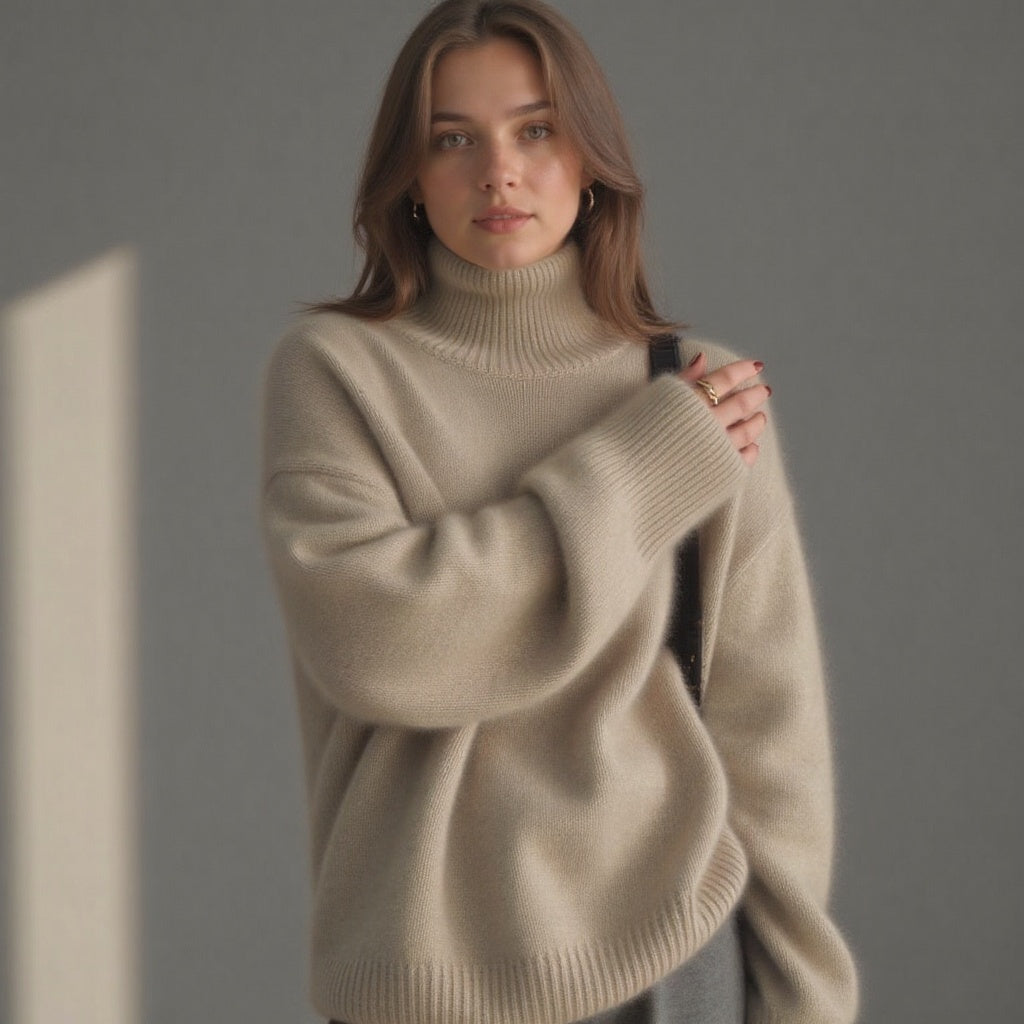 Rollkragenpullover Damen beige oversized mit weiten Ärmeln