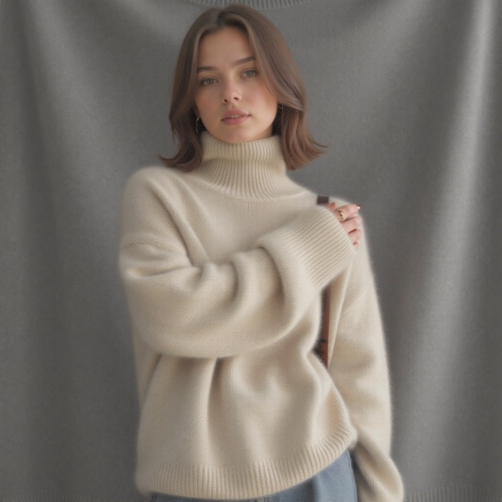 Rollkragenpullover Damen beige oversized mit weiten Ärmeln