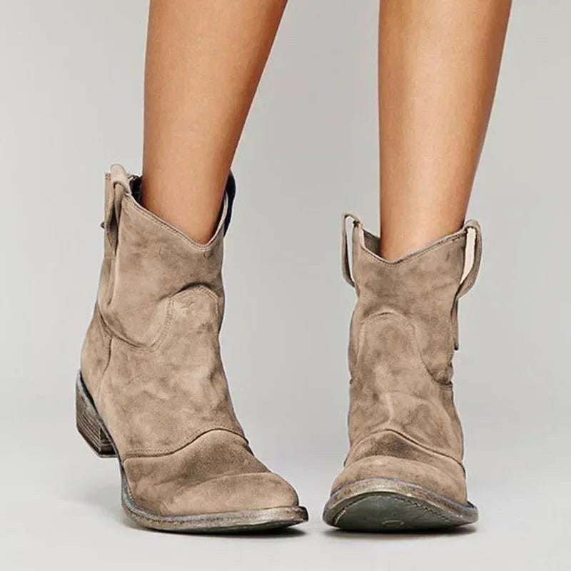 Stiefeletten Damen beige mit Blockabsatz und Westernnaht
