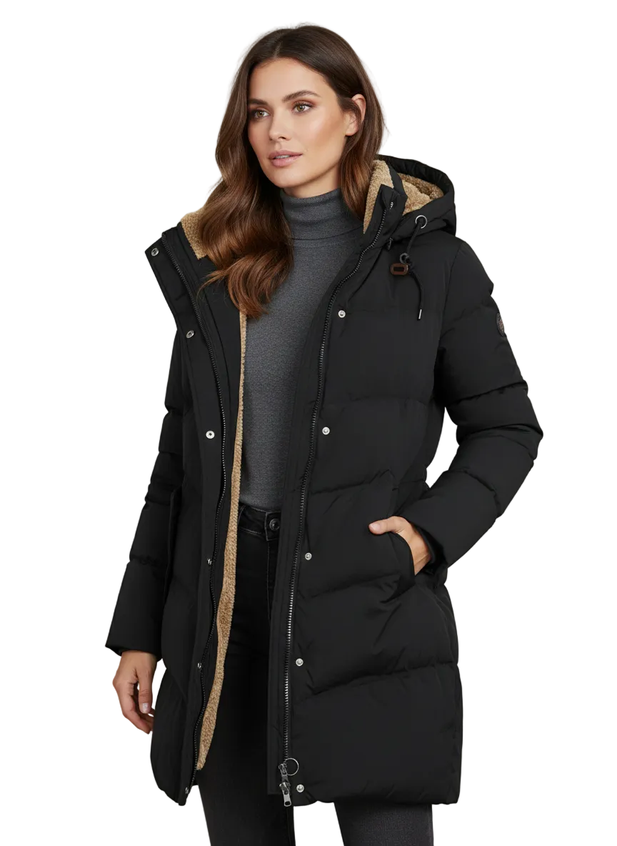 Steppjacke Damen schwarz gefüttert mit Kapuze knielang