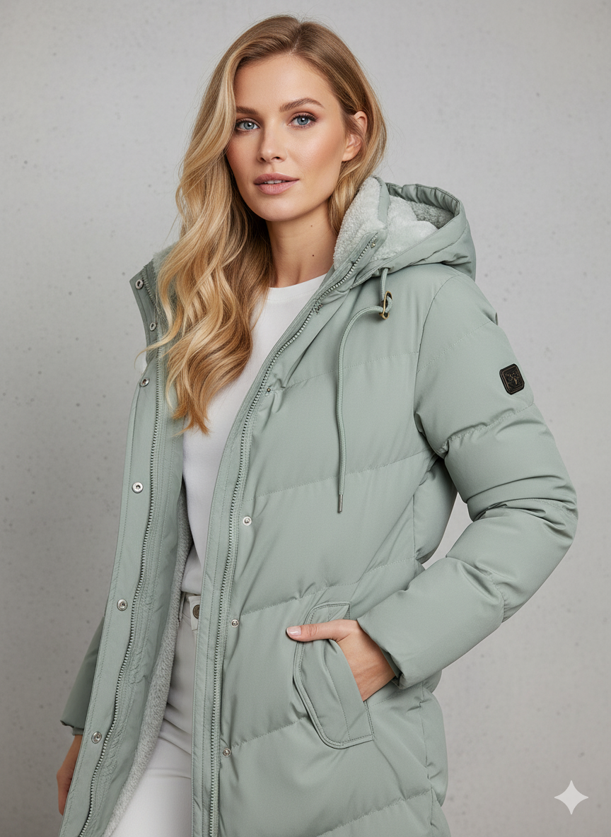 Steppjacke Damen schwarz gefüttert mit Kapuze knielang
