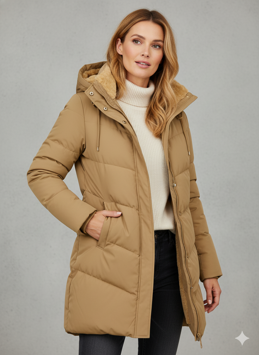 Steppjacke Damen schwarz gefüttert mit Kapuze knielang