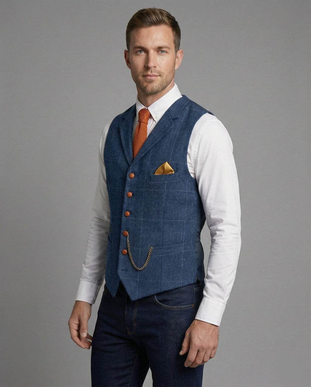 Weste Herren blau mit Reverskragen und Einstecktuch
