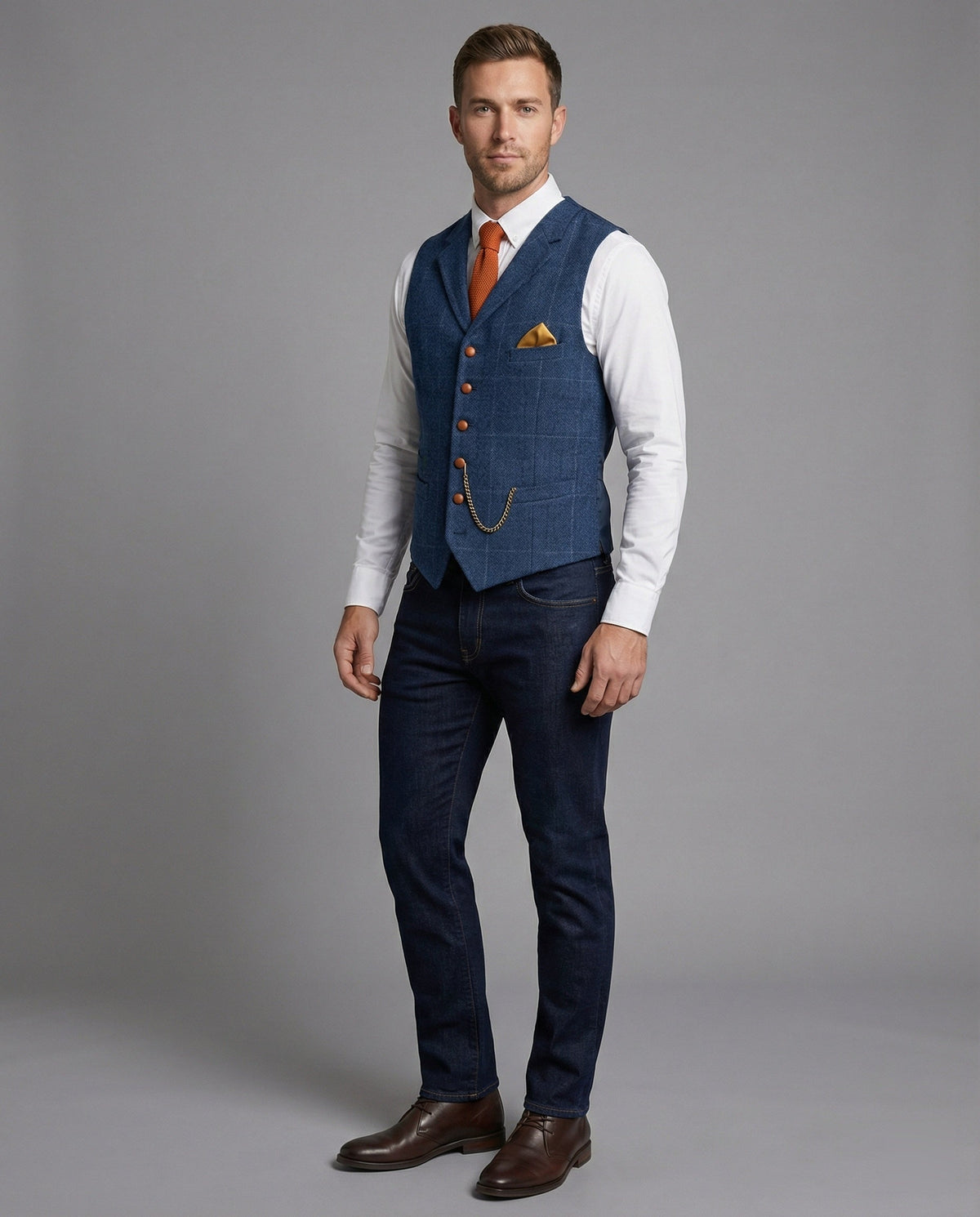 Weste Herren blau mit Reverskragen und Einstecktuch