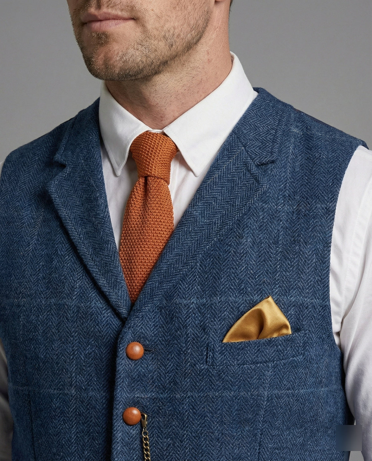 Weste Herren blau mit Reverskragen und Einstecktuch