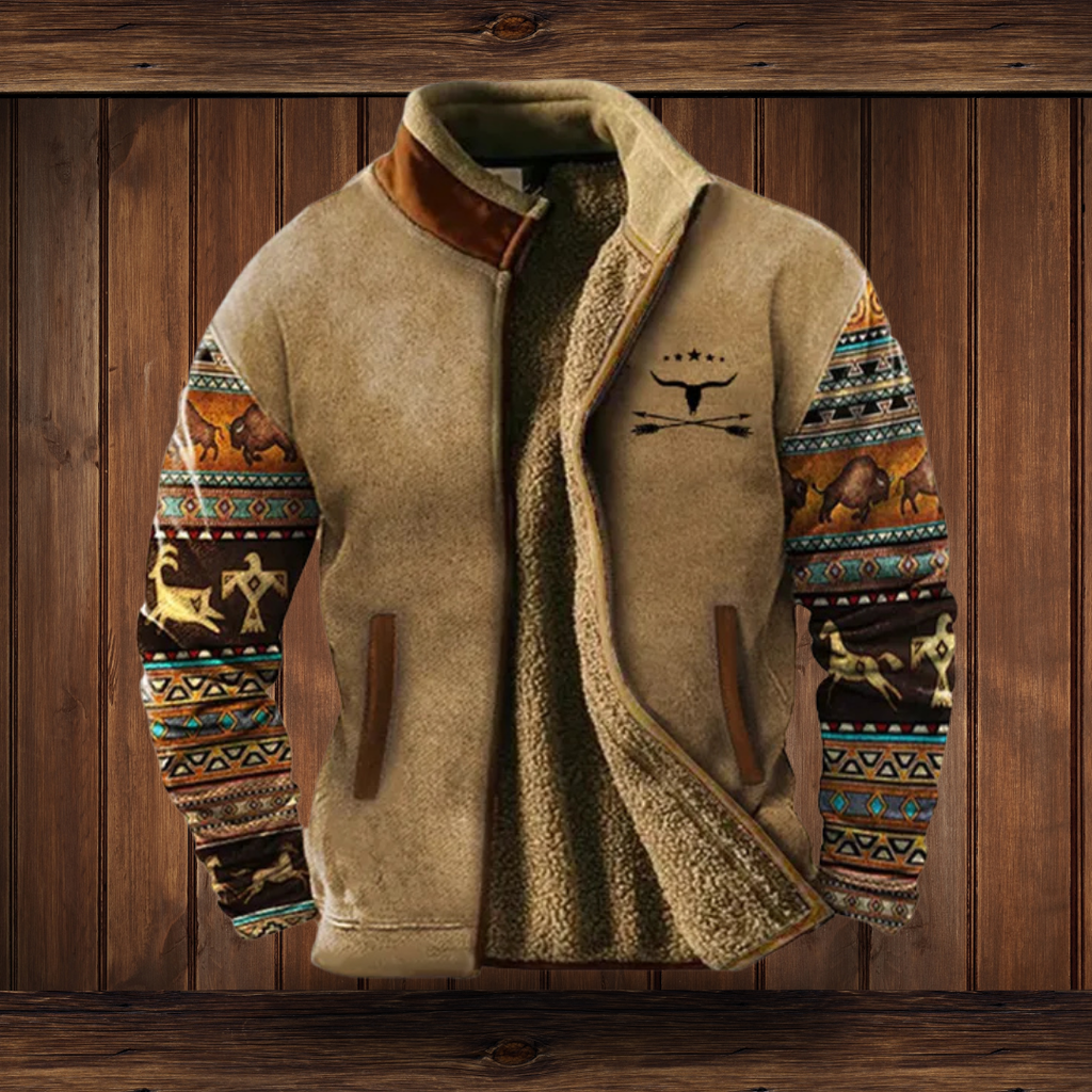 Jacke Herren beige mit Stehkragen und gemusterten Ärmeln