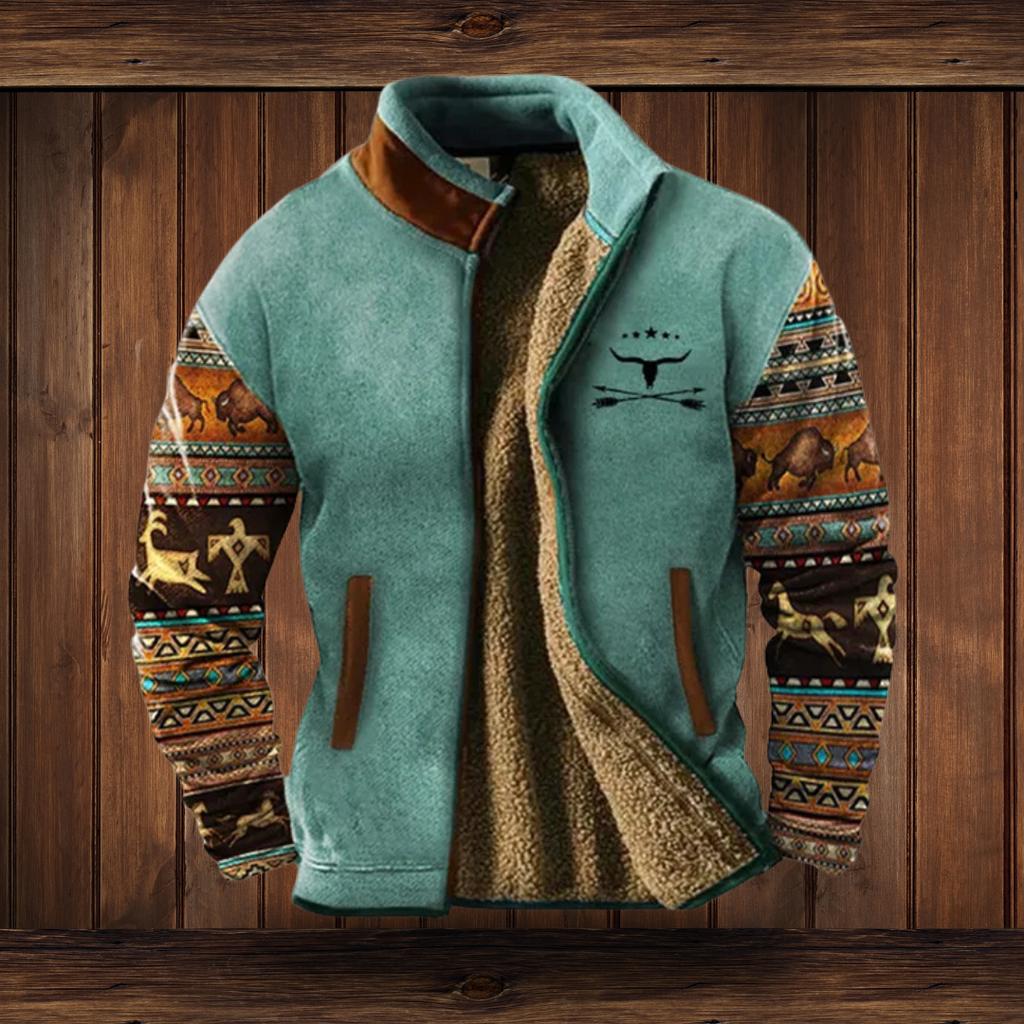 Jacke Herren beige mit Stehkragen und gemusterten Ärmeln
