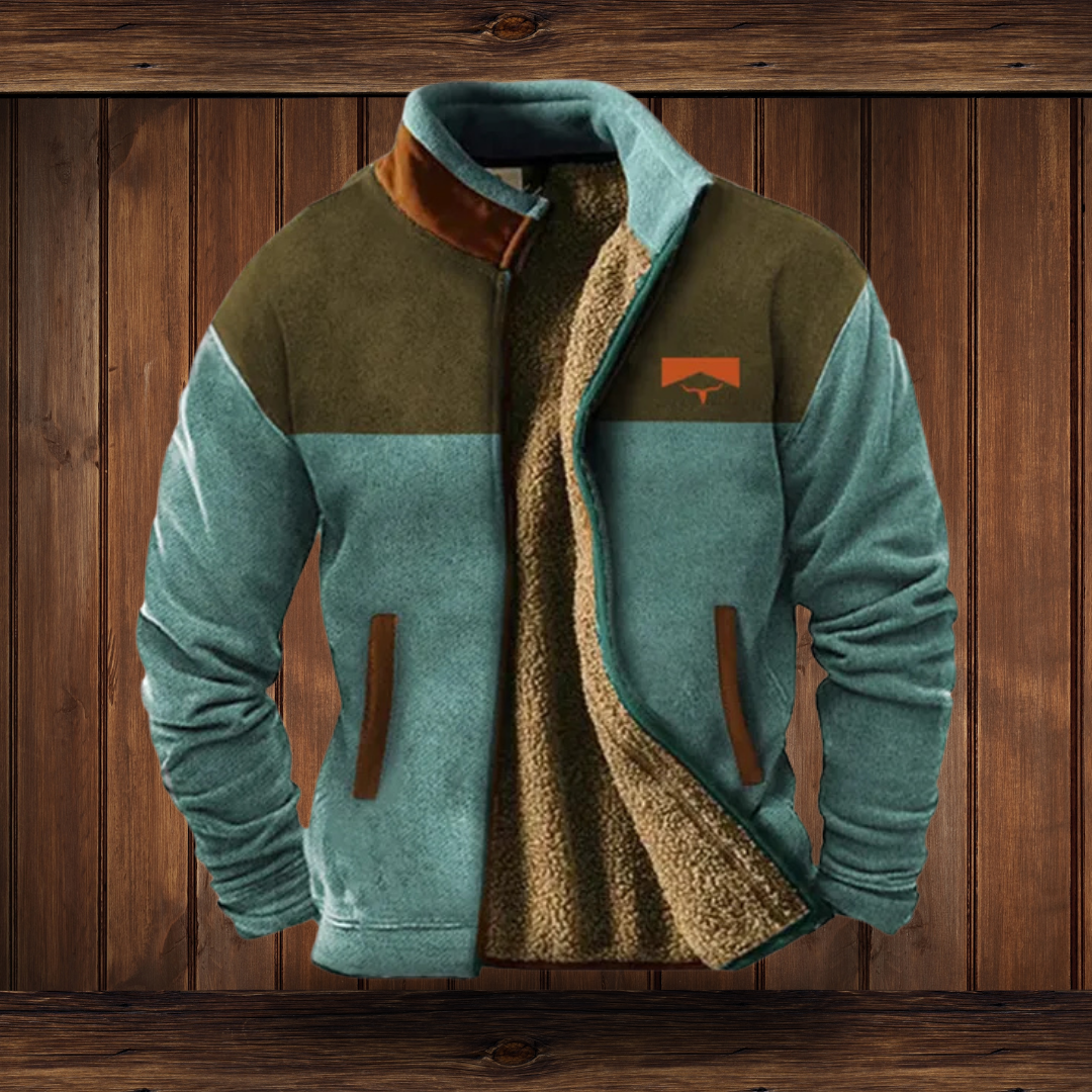 Jacke Herren beige mit Stehkragen und gemusterten Ärmeln