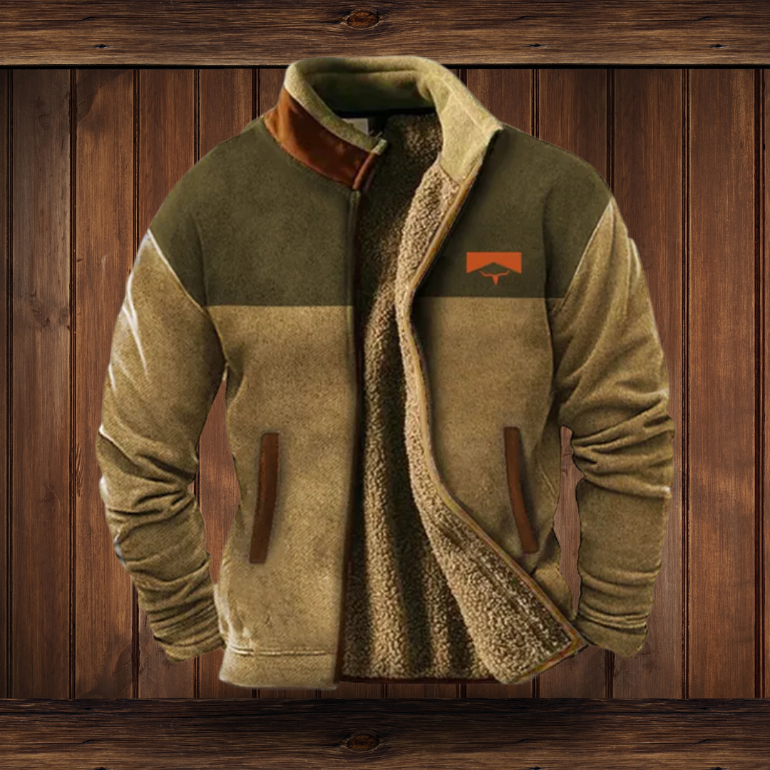 Jacke Herren beige mit Stehkragen und gemusterten Ärmeln
