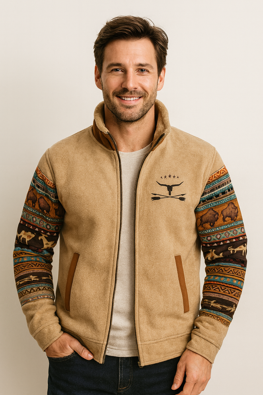 Jacke Herren beige mit Stehkragen und gemusterten Ärmeln