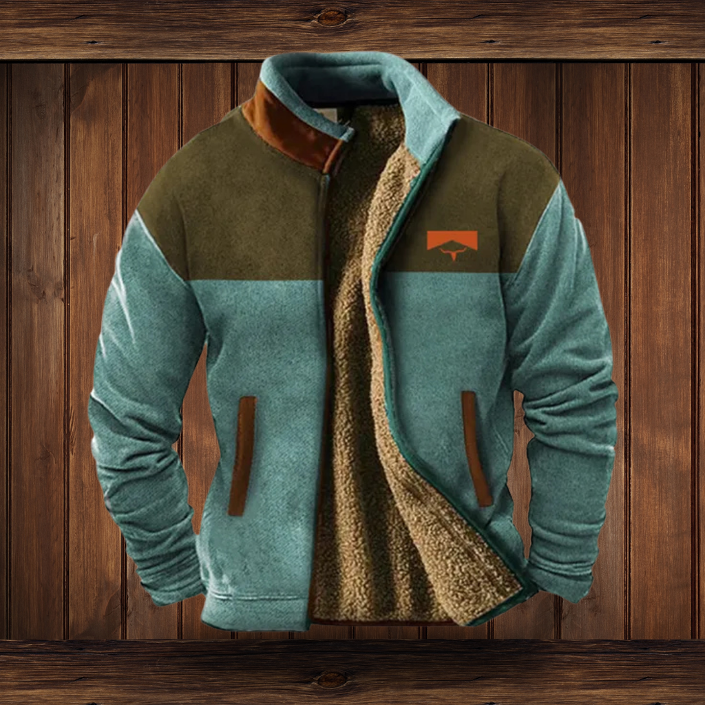 Jacke Herren beige mit Stehkragen und gemusterten Ärmeln