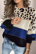 Women's Colour Block Pullover with Animal Print and Puff Sleeves - 1 - Rokvane