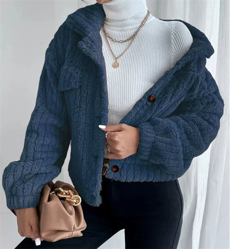 Women's Textured Cropped Jacket with Button Closure - 1 - Rokvane