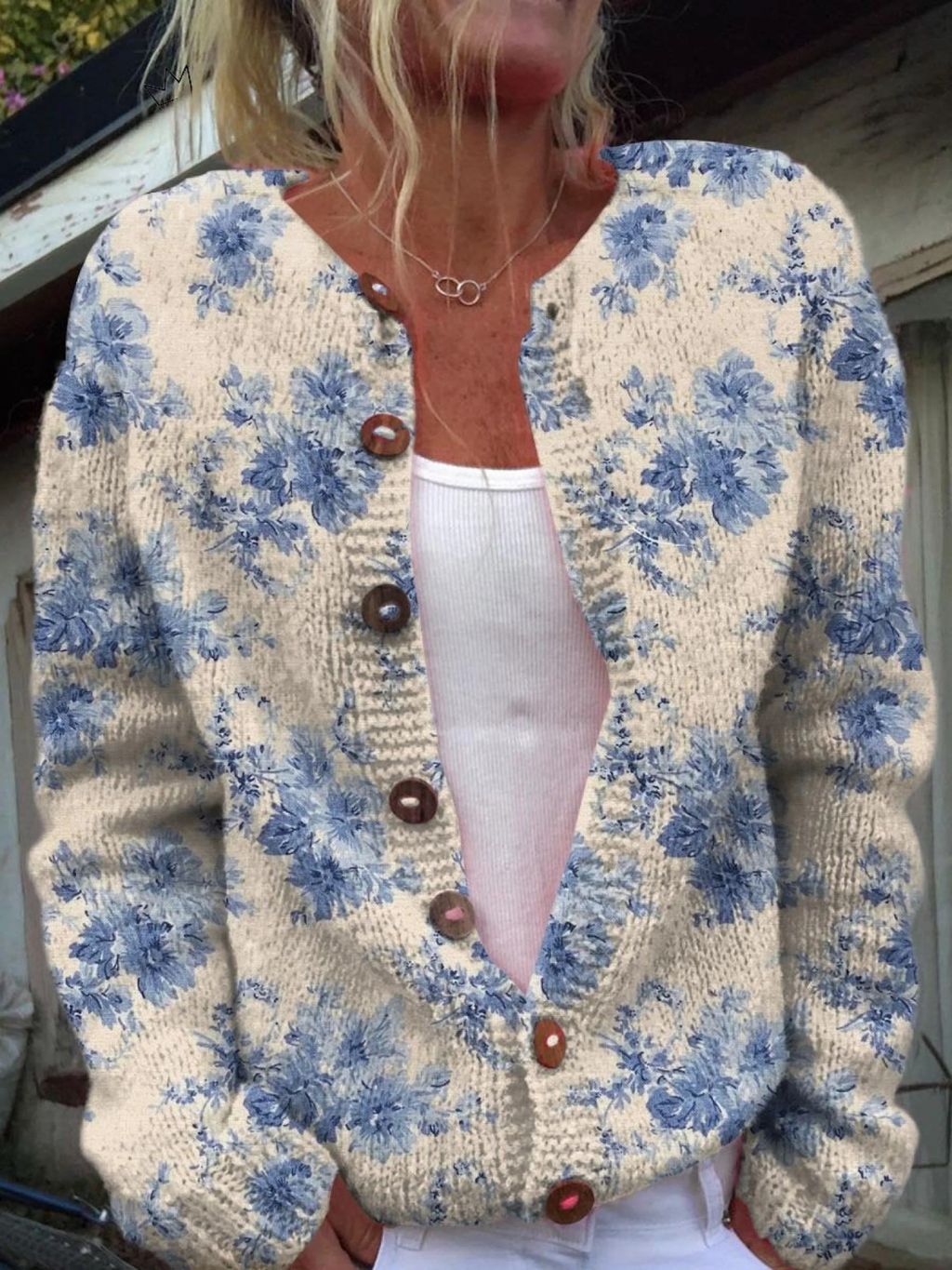 Cardigan Damen mit floralem Design und Knopfverschluss - 1