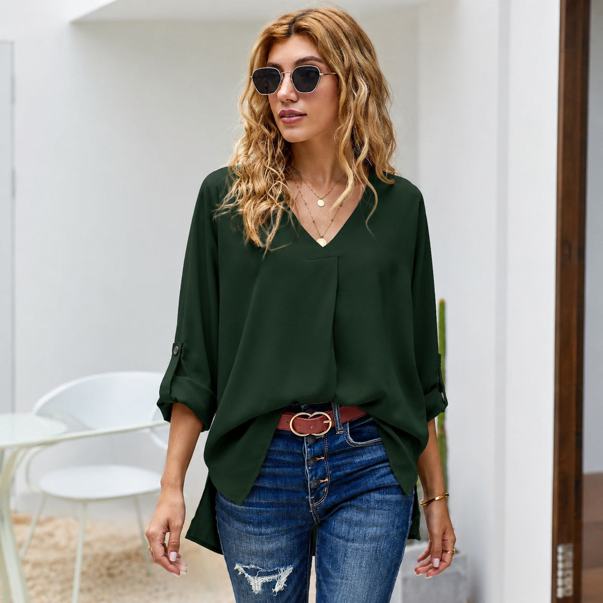 Bluse Damen mit V-Ausschnitt und lässigem Schnitt - 4