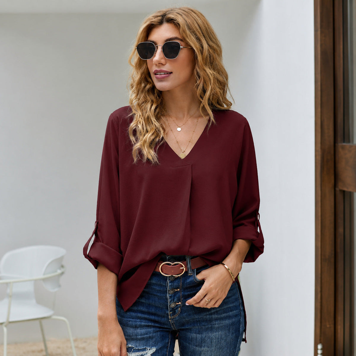 Bluse Damen mit V-Ausschnitt und lässigem Schnitt - 7