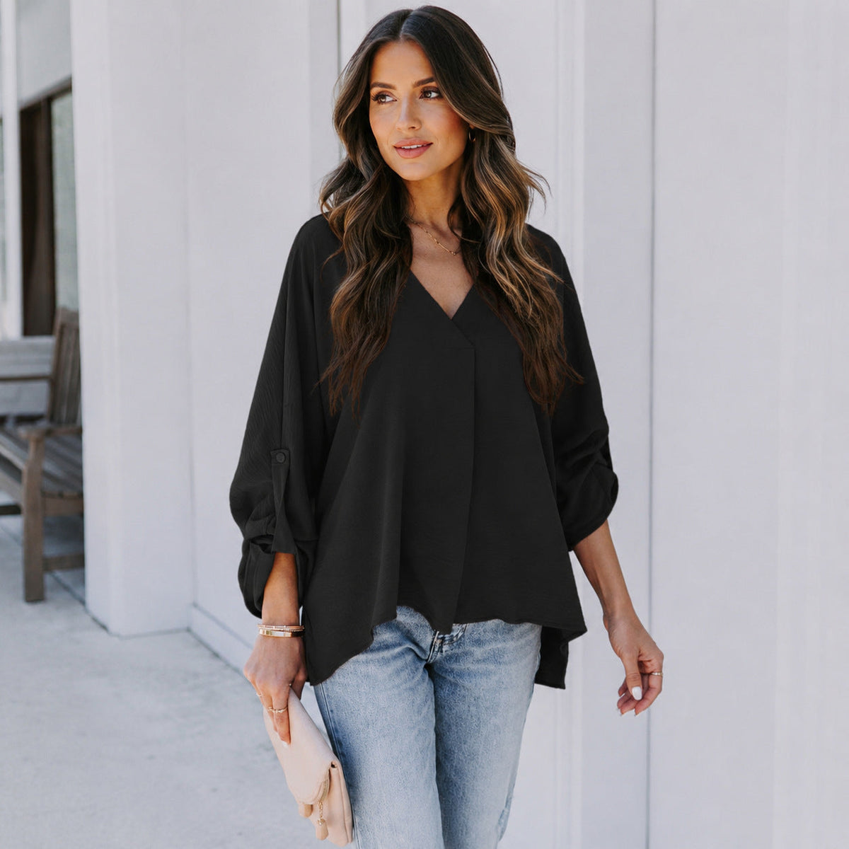 Bluse Damen mit V-Ausschnitt und lässigem Schnitt - 9