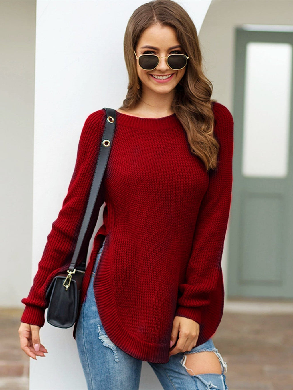 Pullover Damen mit seitlichen Schlitzen und Rundhalsausschnitt - 2