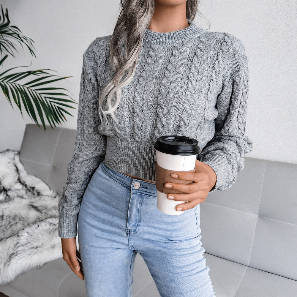 Damen Cropped Pullover mit Zopfdesign - 1