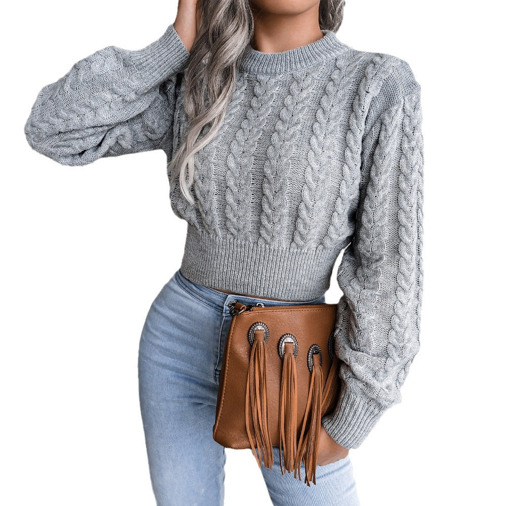 Damen Cropped Pullover mit Zopfdesign - 4