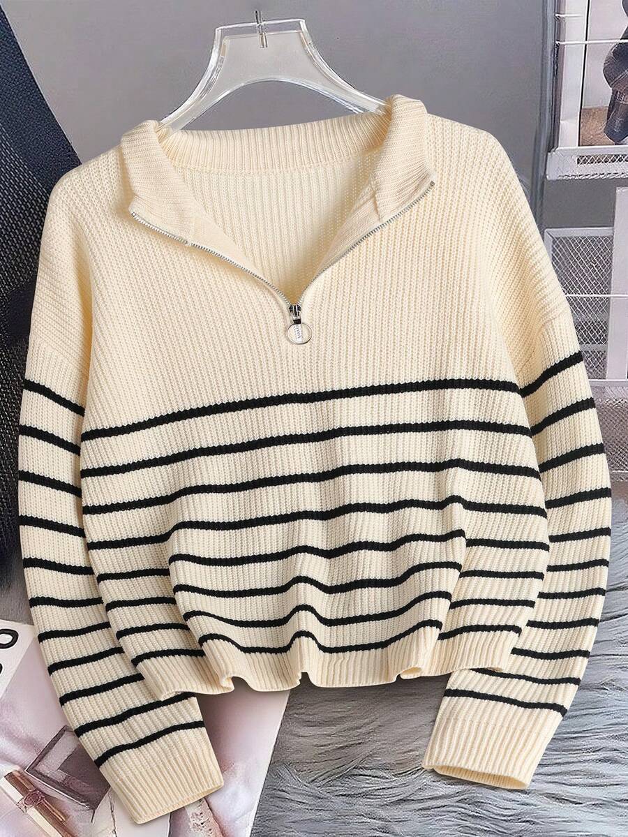 Pullover Damen mit halbem Reißverschluss und Streifen - 1