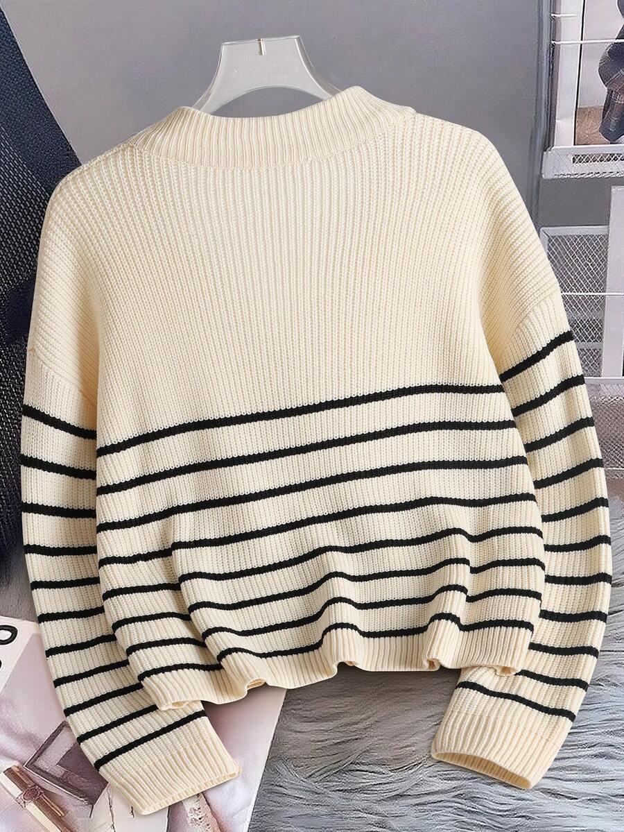 Pullover Damen mit halbem Reißverschluss und Streifen - 2