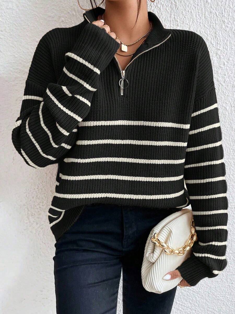 Pullover Damen mit halbem Reißverschluss und Streifen - 3