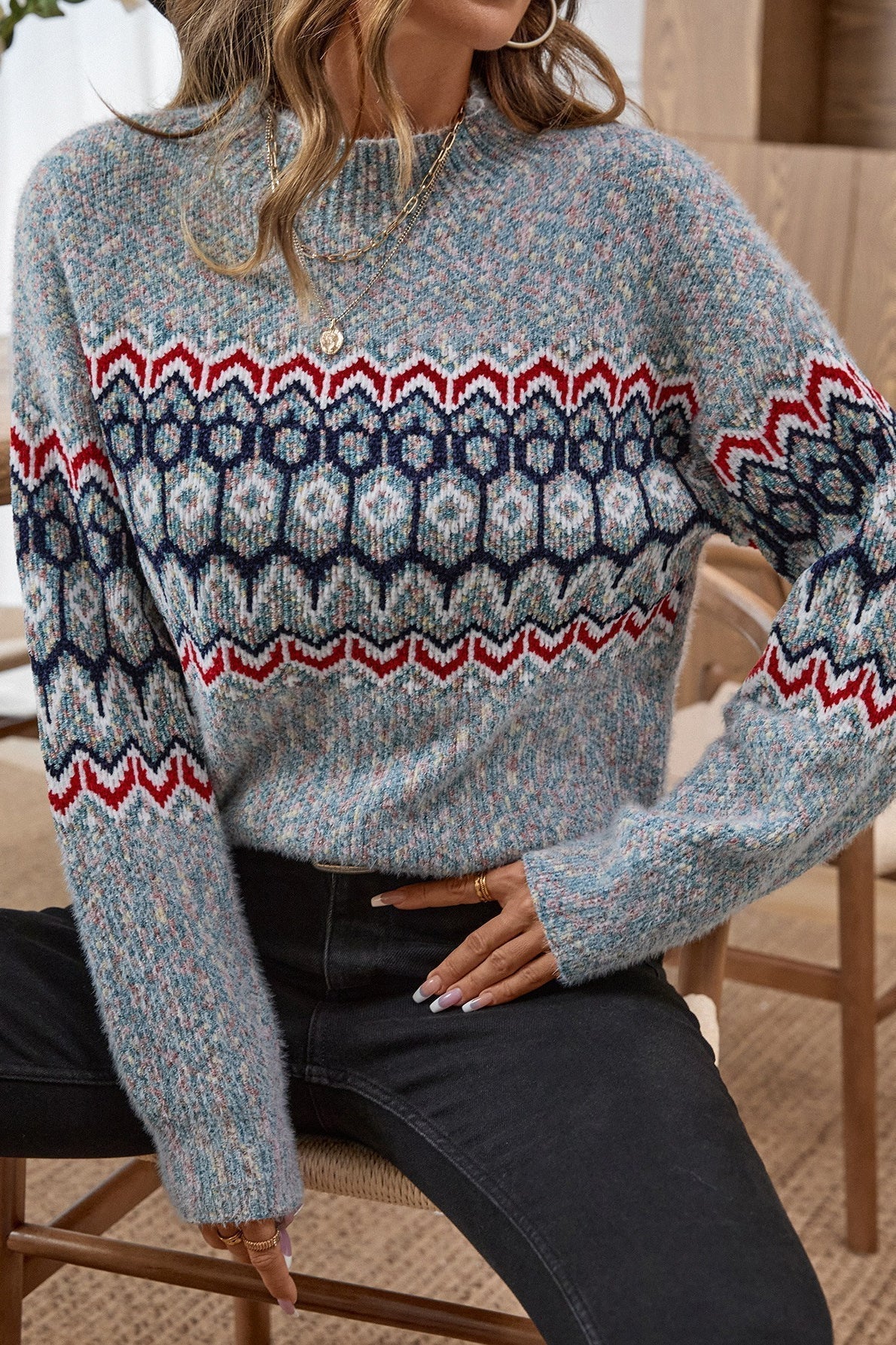 Pullover Damen mit hohem Kragen und geometrischem Muster - 4