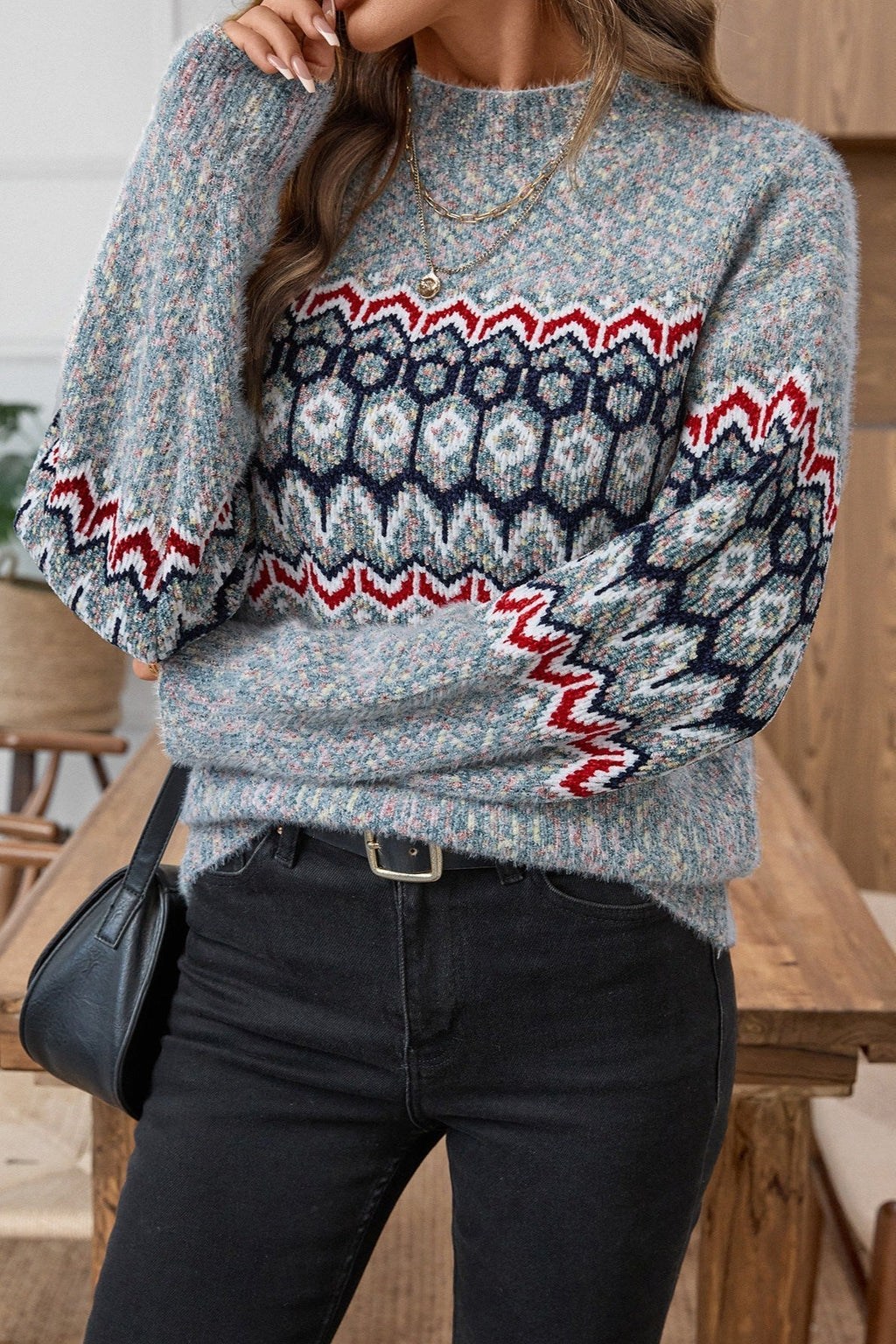 Pullover Damen mit hohem Kragen und geometrischem Muster - 5