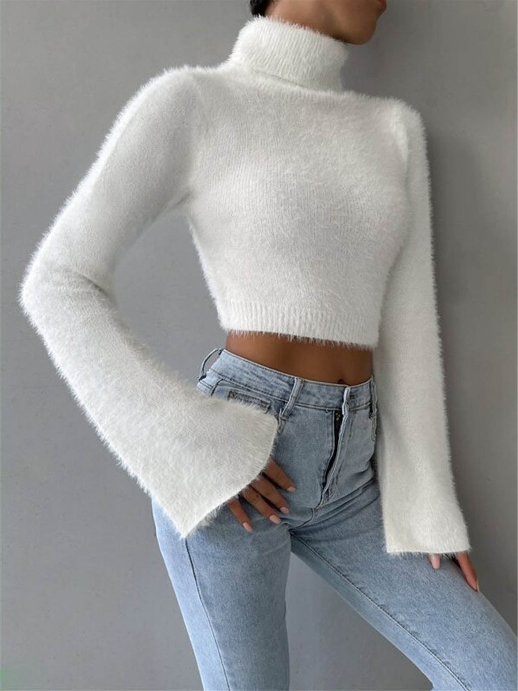 Damen Pullover mit hohem Kragen und weitem Ärmel - 2
