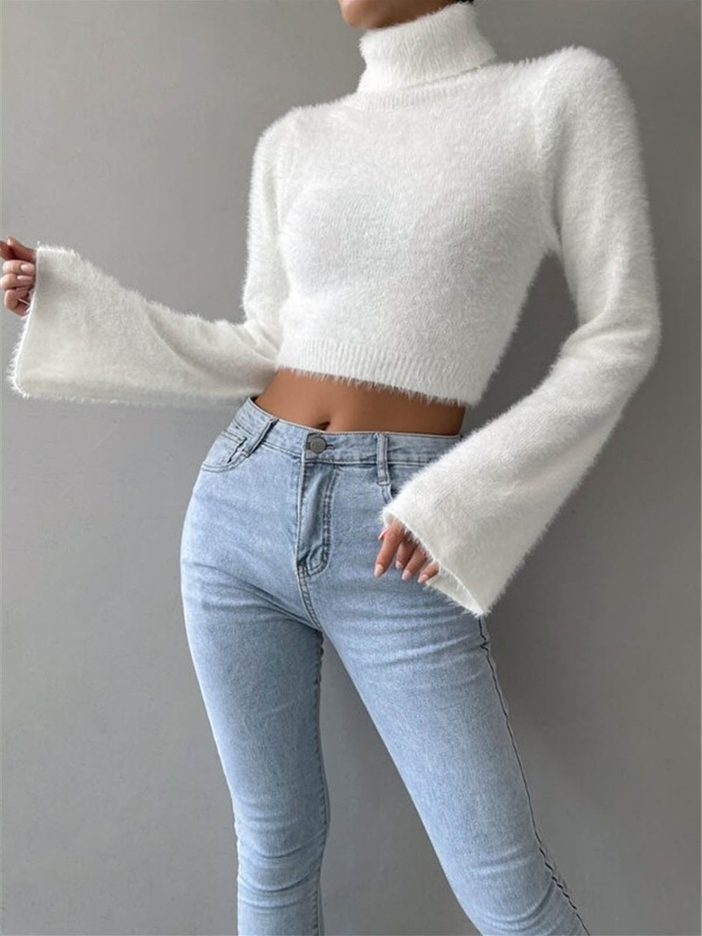 Damen Pullover mit hohem Kragen und weitem Ärmel - 3