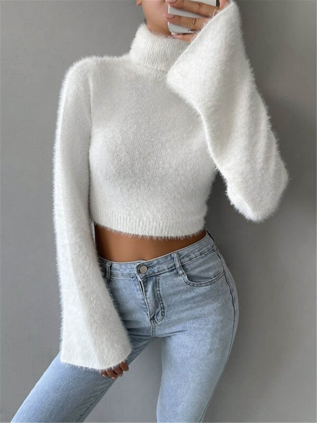 Damen Pullover mit hohem Kragen und weitem Ärmel - 4
