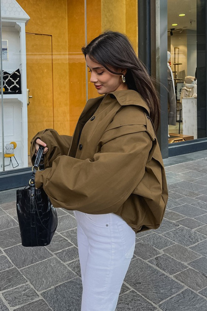 Oversized Damenjacke mit Ballonärmeln und Knopfleiste - 3
