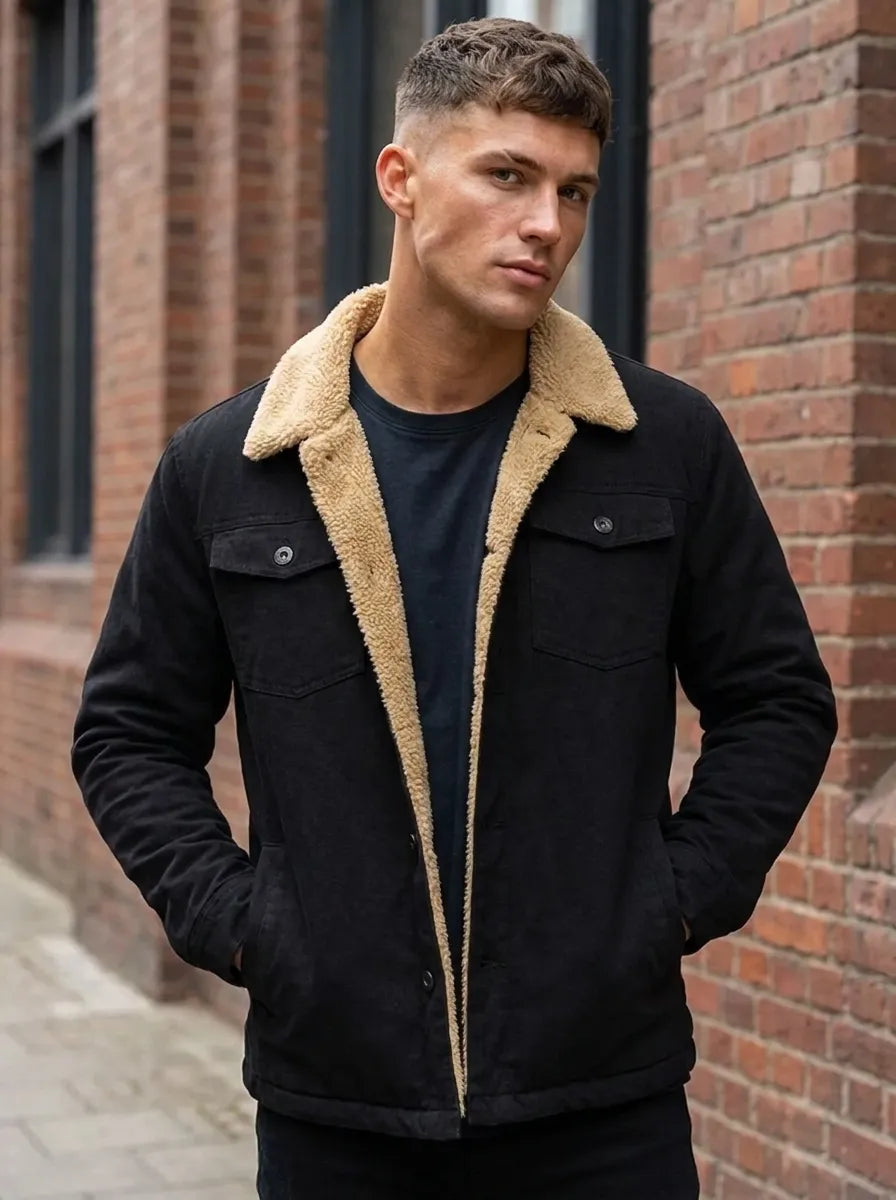 Herrenjacke mit Teddyfell-Kragen und Knopfleiste - 1