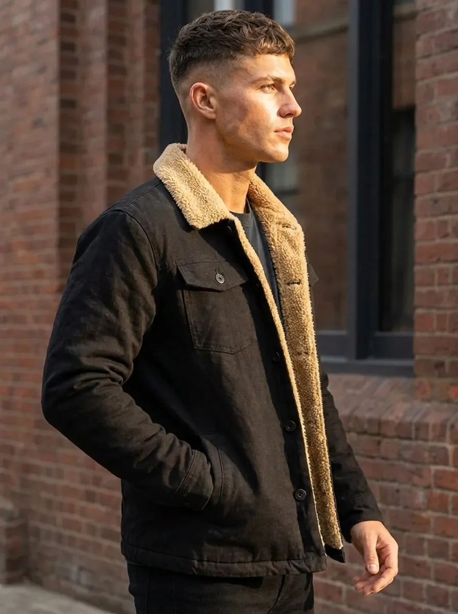 Herrenjacke mit Teddyfell-Kragen und Knopfleiste - 2